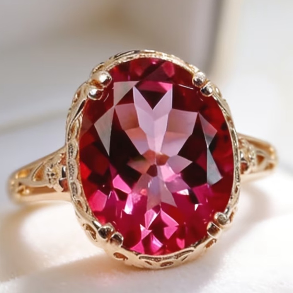 Gold Ring with Pink Oval Synthetic Cubic Zirconia - Elegant Women's Jewelry